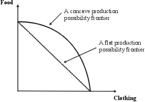 The production possibility frontier bulges outward